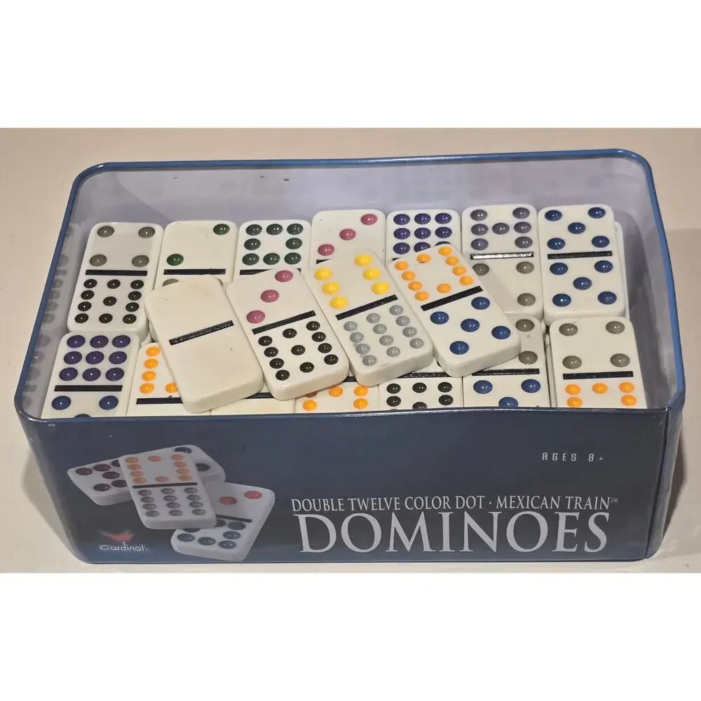 Cardinal Mexican Train Dominoes Double 12 Color Dot Set 88 Tiles Tin Case